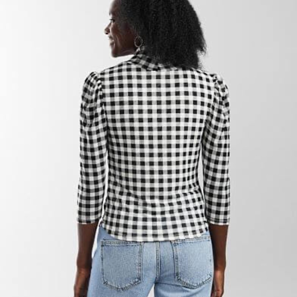Free People Gather Turtleneck Top Black Combo Gingham Mesh Puff Sleeve M NWT - Picture 3 of 14